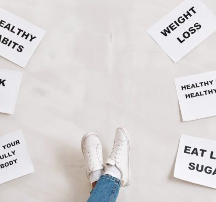 Inspirational health and fitness messages with shoe-clad feet, promoting healthy habits and wellbeing.